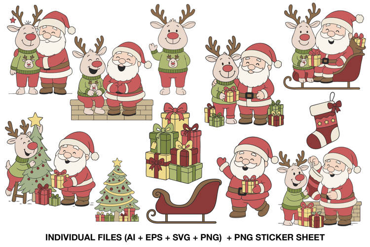 Cute Santa and Reindeer Clipart Set, Christmas Bundle