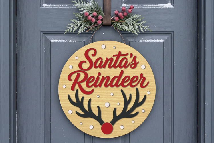Santa Reindeer Door Hanger SVG, Round Wooden Laser Cut File
