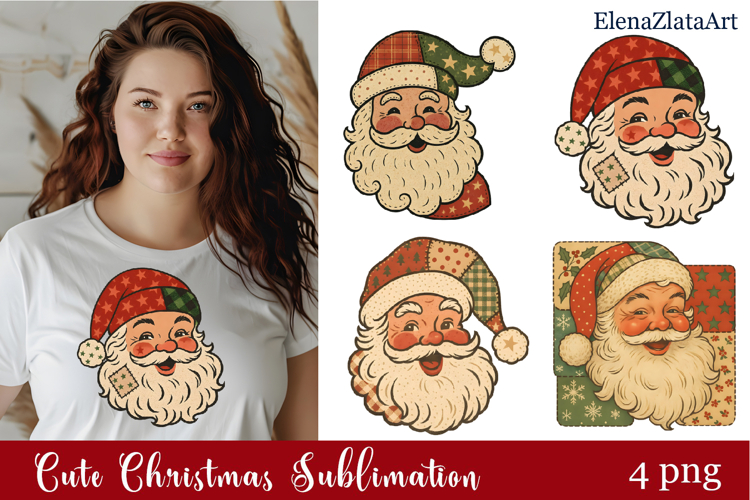 Christmas retro Santa Claus clipart. Patchwork clipart