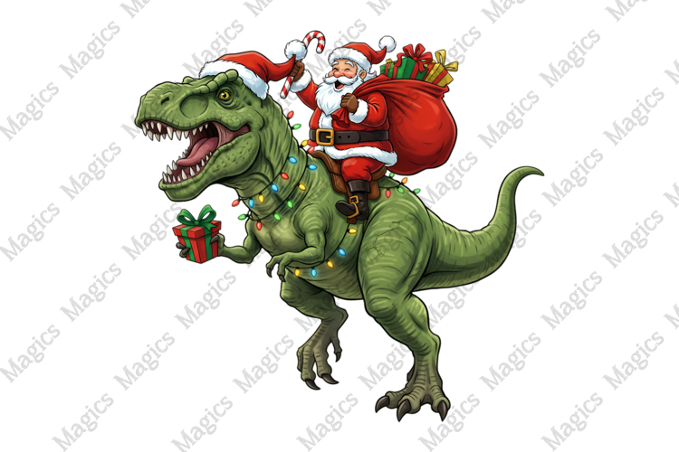 Santa Riding Dinosaur Christmas PNG