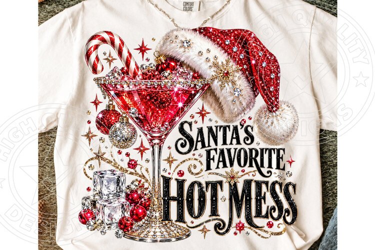 Santa’s Favorite Hot Mess Funny Christmas Cocktail Bling PNG example image 1