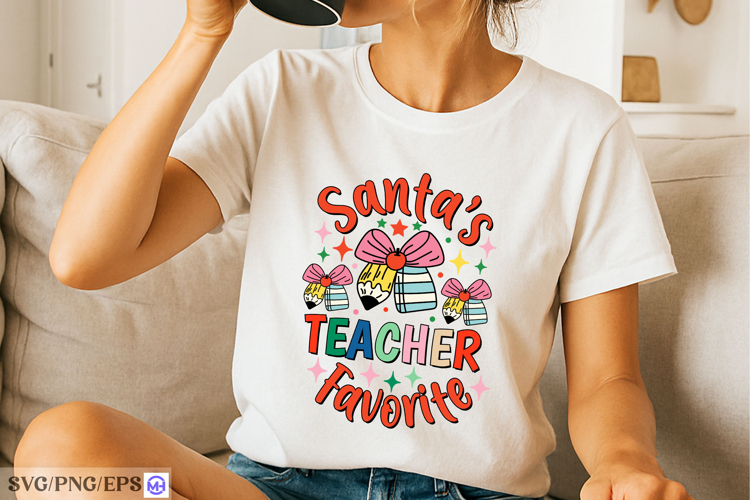Santa’s Favorite Christmas Teacher SVG PNG T-shirt Design