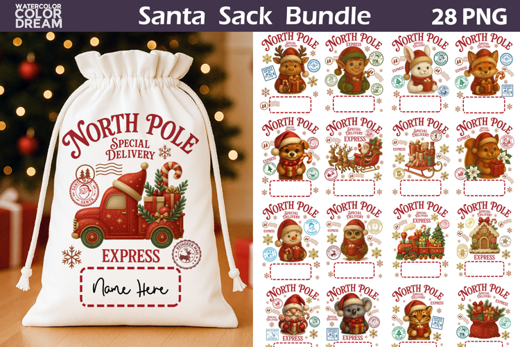 Santa Sack Sublimation Bundle | North Pole Express Clipart