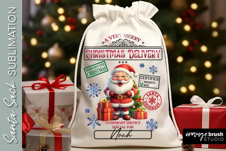 Santa Sack Sublimation Design, Christmas Gift Bag with Santa