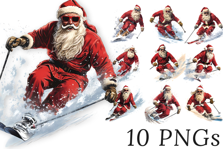 Santa Clipart Bundle - 10 Skiing Transparent PNGs