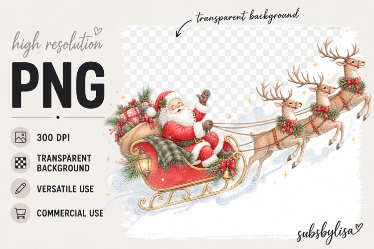Santa Sleigh and Reindeer png | Christmas Sublimation Design