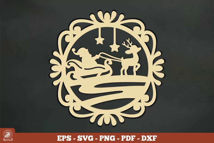 Santa Sleigh and Deer Vintage Ornament SVG