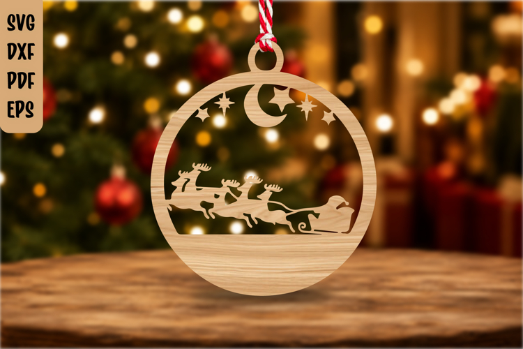 Santa Sleigh Christmas Ornament Laser Cut SVG