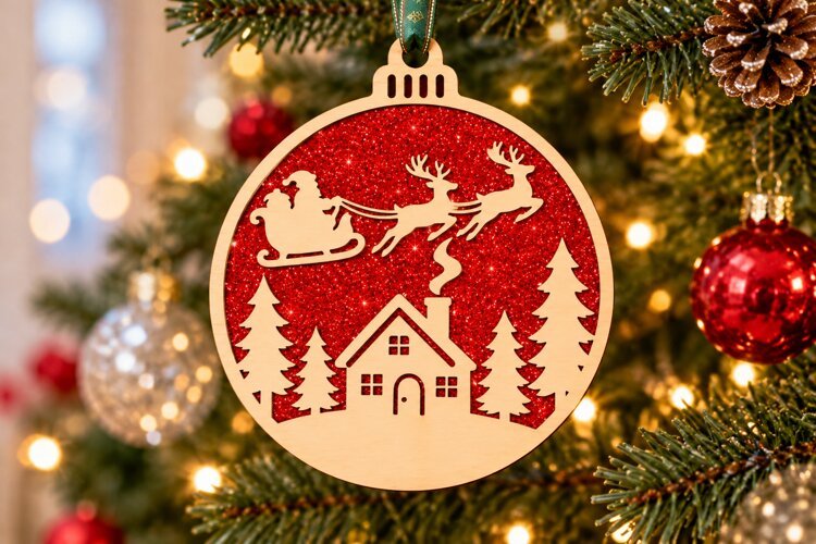 Santa Sleigh Christmas Ornament SVG example image 1