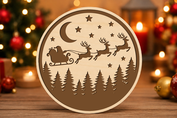 Santa Sleigh Christmas Round Sign SVG