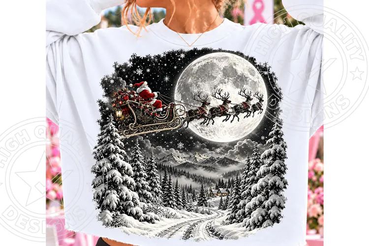 Santa Sleigh Moon Christmas PNG | Vintage Winter Wonderland