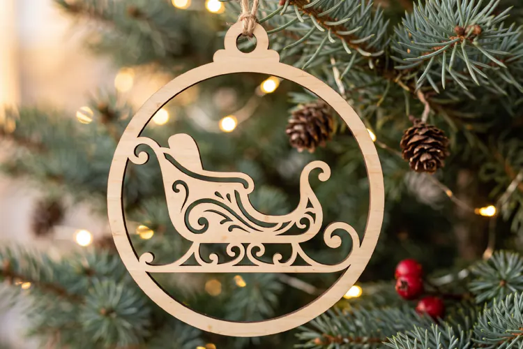 Santa Sleigh Ornament SVG Laser Cut Wood Winter Decoration