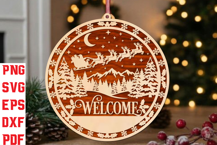 Santa Sleigh Round Sign Laser SVG