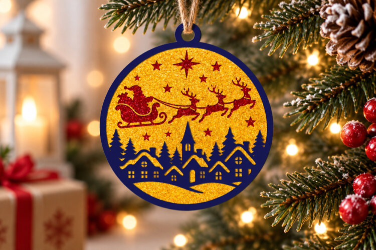 Santa Sleigh Village Ornament Layered SVG example image 1