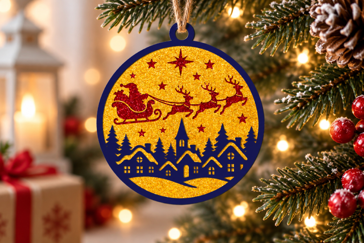 Santa Sleigh Village Ornament Layered SVG