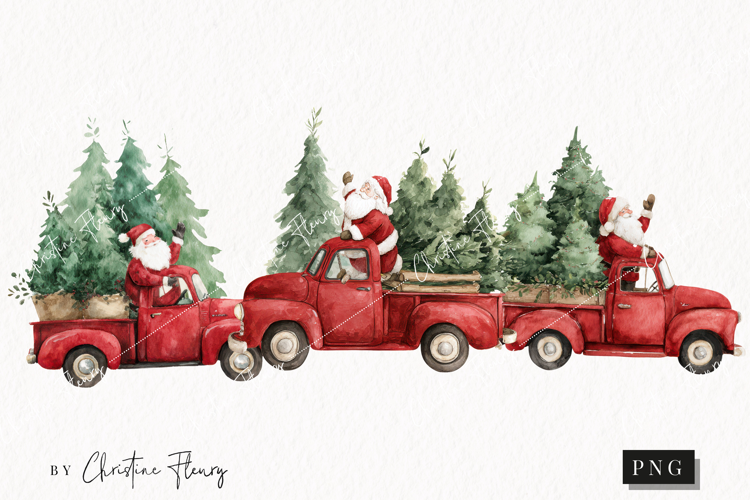 Watercolor Santa Red Truck Clipart | Christmas PNG