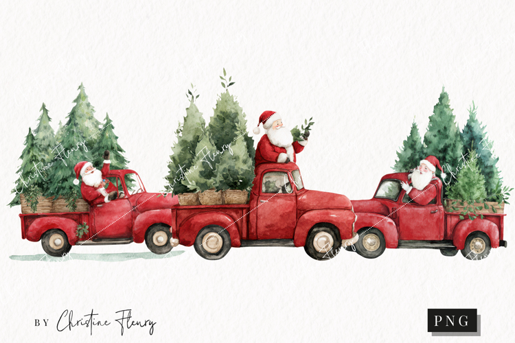 Watercolor Santa Red Truck Clipart | Christmas PNG