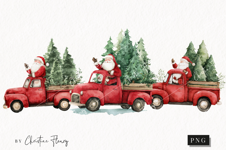 Watercolor Santa Red Truck Clipart | Christmas PNG