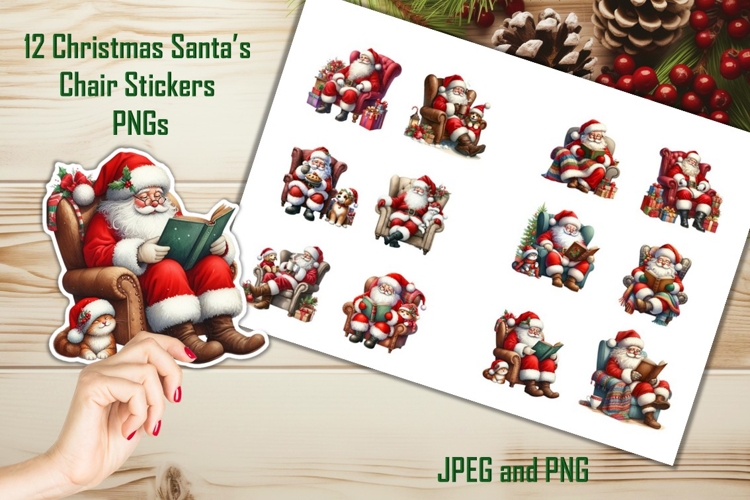 10 Christmas Santas Chair Stickers JPEG and PNGs