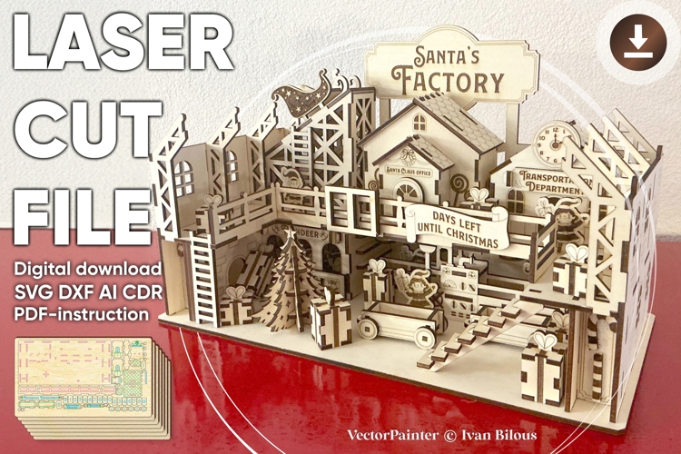 Santa's Factory - laser cut file, Glowforge pattern SVG DXF example image 1