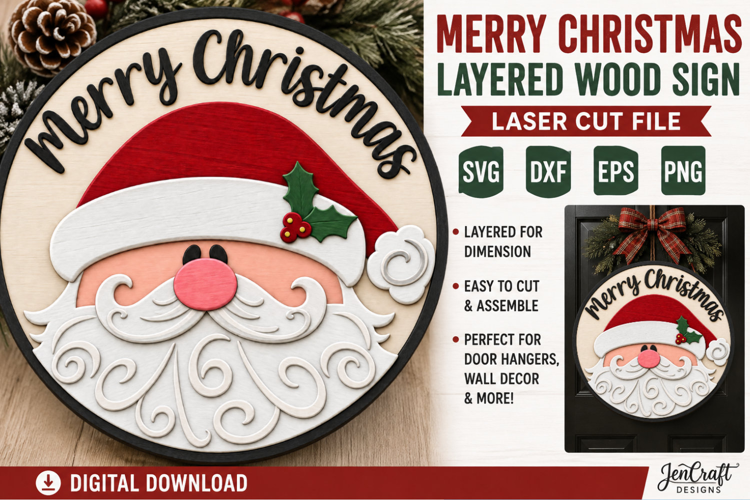 Merry Christmas Santa Door Hanger SVG | Layered Laser Cut