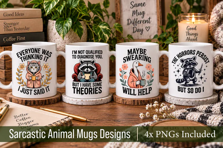 4x Funny and Sarcastic Animal Mugs Designs