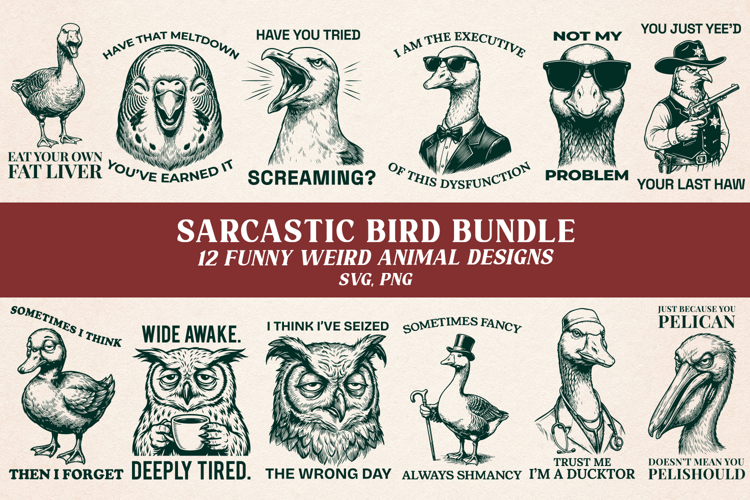 Sarcastic Bird SVG Bundle, 12 Funny Weird Animal PNG Designs