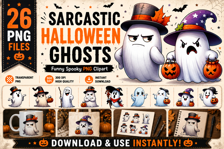 Sarcastic Halloween Ghosts Clipart Bundle | 26 PNG