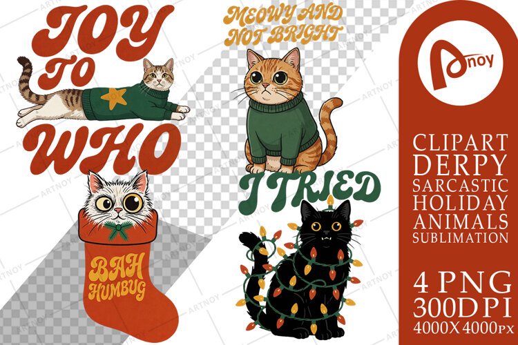 Sarcastic Retro Holiday Cats Sublimation example image 1