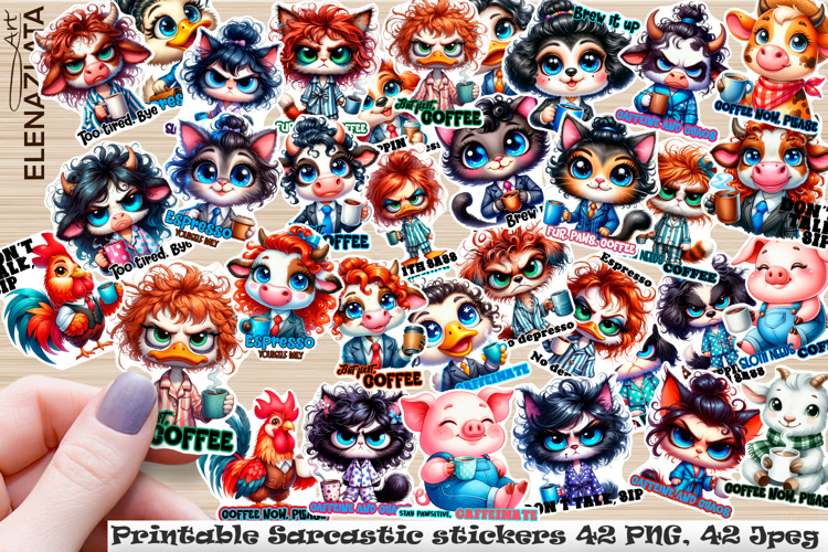 Stickers Sarcastic animals with coffee mugs. Childrens
