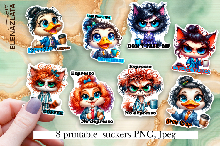 Stickers Sarcastic animals with coffee mugs. Childrens