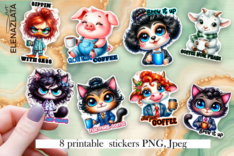 Stickers Sarcastic animals with coffee mugs. Childrens