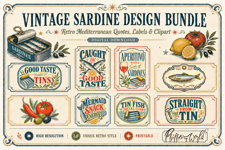 Vintage Sardine Design Bundle | Retro Mediterranean Quotes