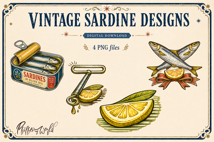 Vintage Sardine Designs | Coastal Seafood Sublimations