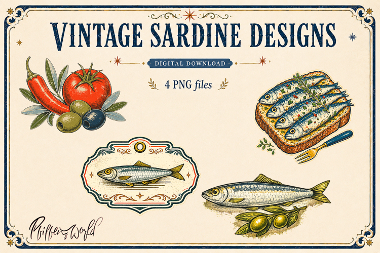 Vintage Sardine Designs | Mediterranean Clipart