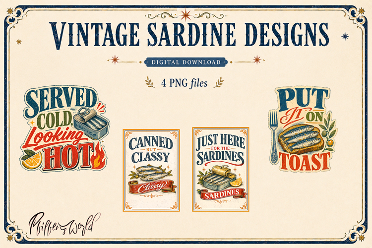 Vintage Sardine Designs | Retro Seafood Typography PNGs