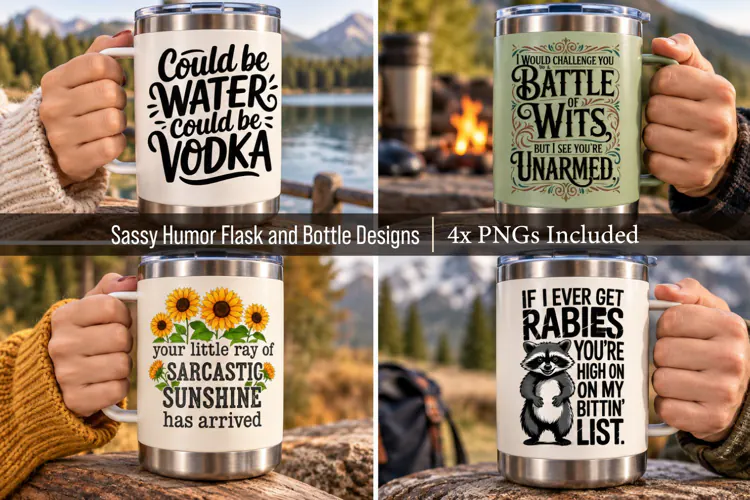 4x Sassy Humor Flasks and Bottle Designs
