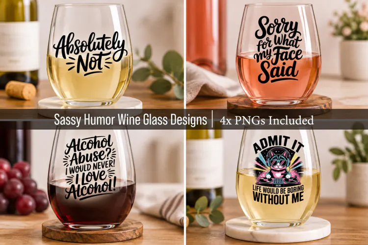 4x Funny and Sarcastic Wine Glass PNG Designs