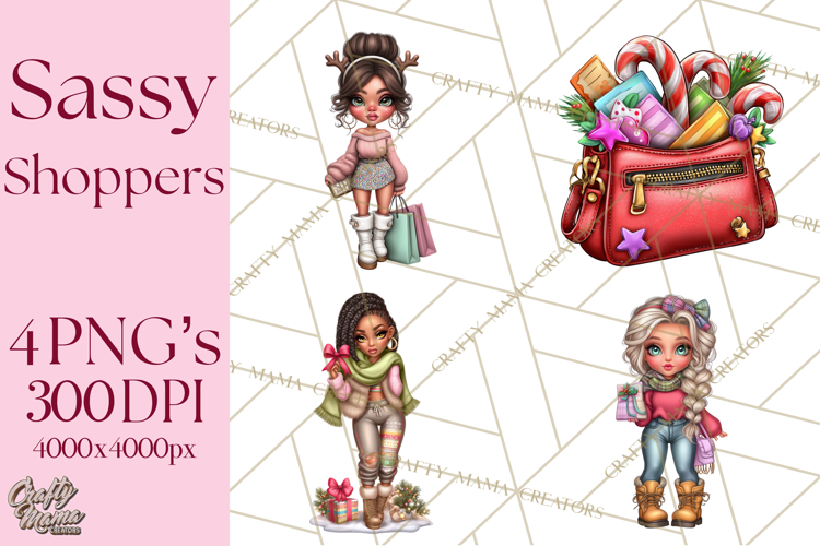 Sassy Christmas Shopper Clipart PNG, Fashion Girls Holiday
