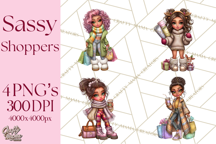 Sassy Christmas Shopper Clipart PNG, Fashion Girls Holiday