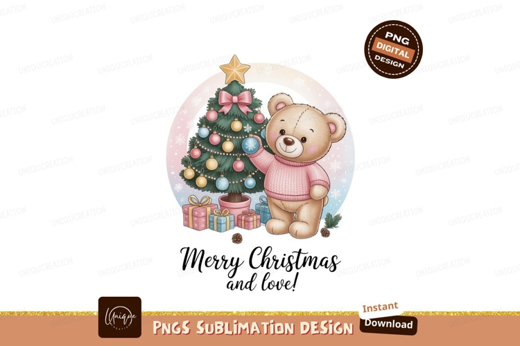 Teddy bear decorating Christmas tree with ornaments and gift