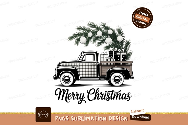Vintage truck carrying christmas tree and gifts ornaments