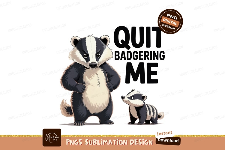 Grumpy badger and cub with text black white