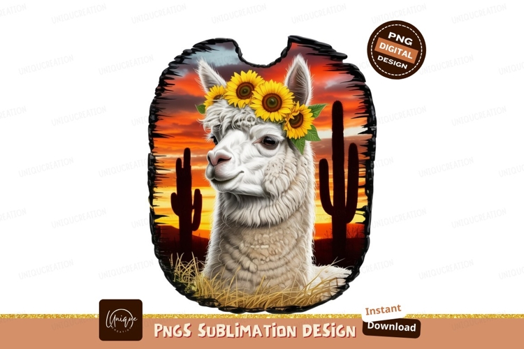 White llama wearing sunflowers desert sunset alpaca