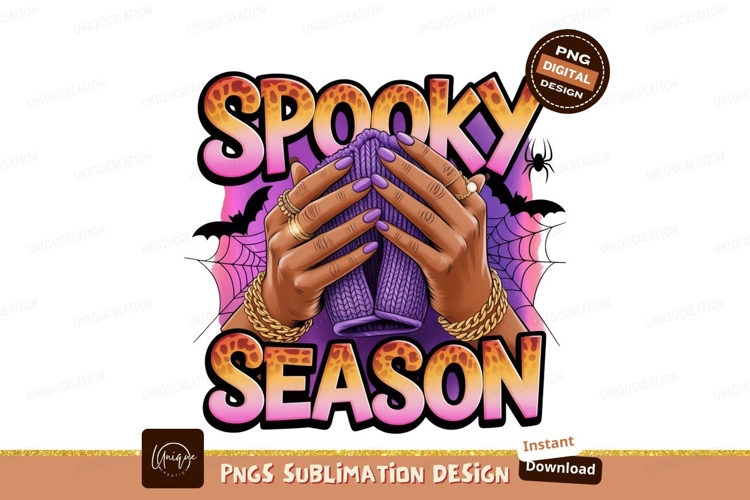 Hands holding purple knit fabric spooky season image