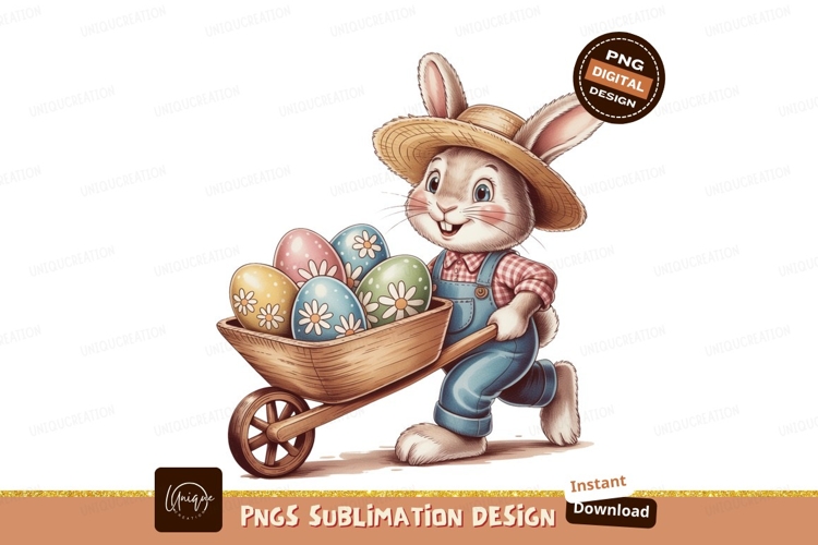 Bunny pushing wheelbarrow with decorated eggs easter