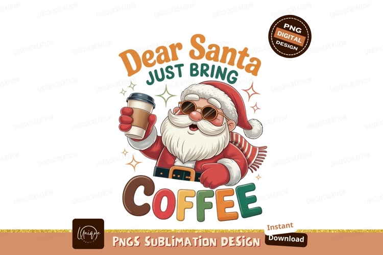 Santa holding coffee cup with text christmas drink