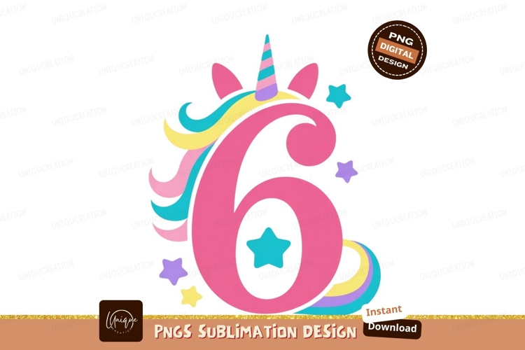 Unicorn number six with stars birthday celebration