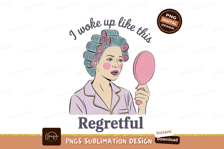 Woman rollers mirror regretful pajamas image
