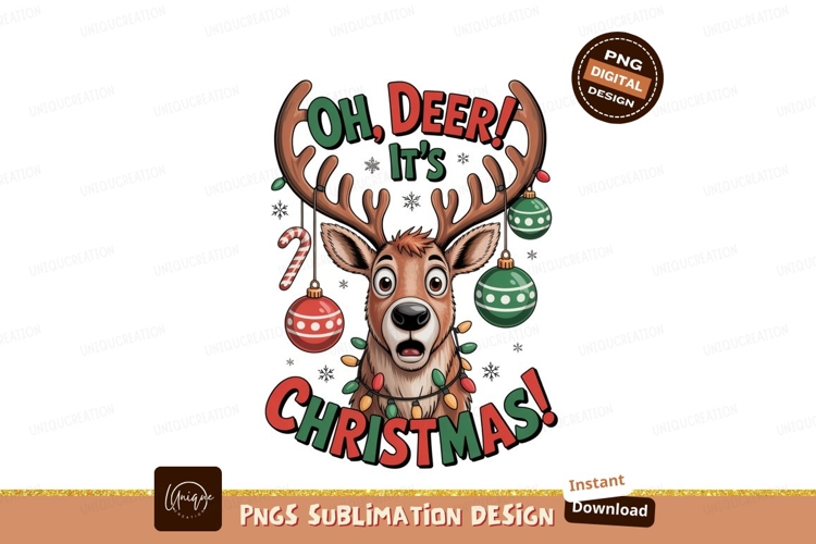 Surprised reindeer with Christmas decorations ornaments